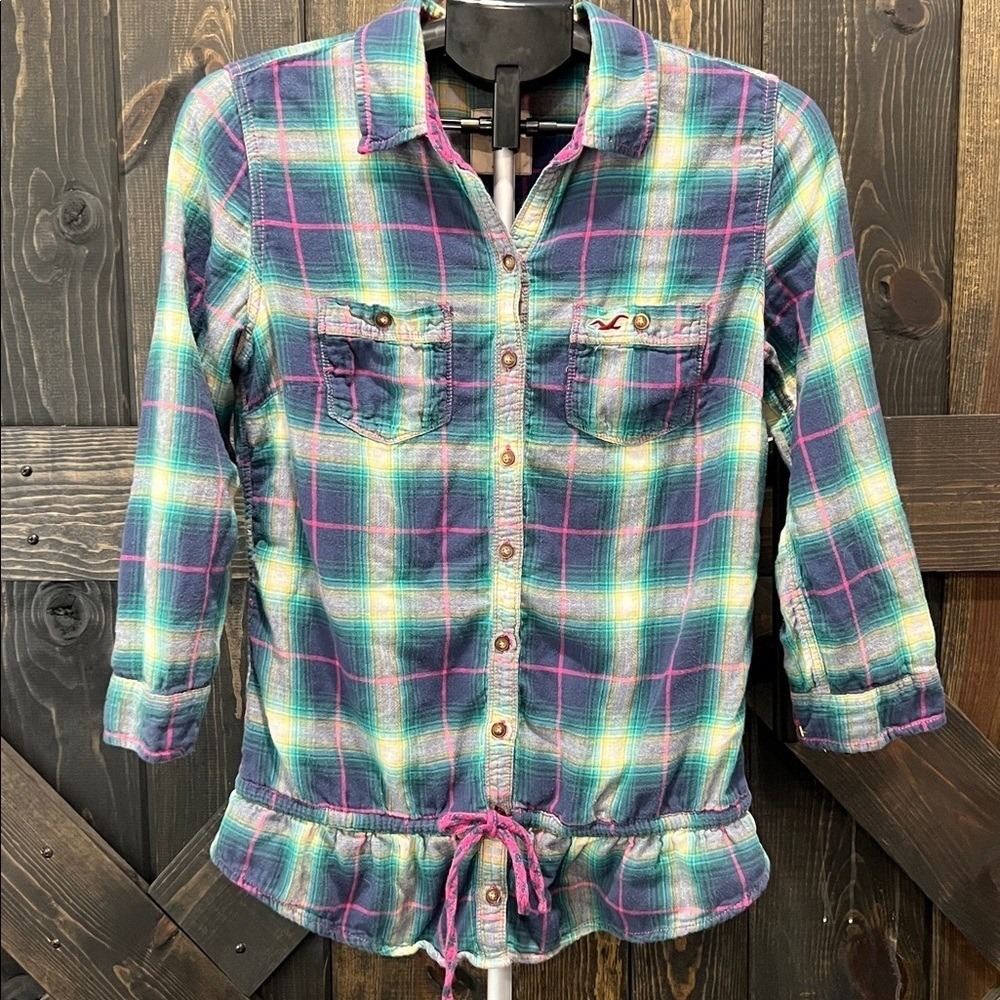 Hollister Teal Plaid Flannel Peplum Top L Babydoll Button Tie Hem Coquette Y2K
